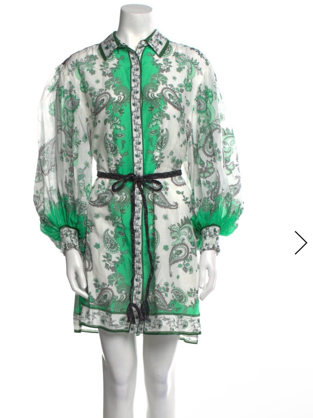 Alice + Olivia White and Green Paisley Button-Down Tunic with Waist Tie